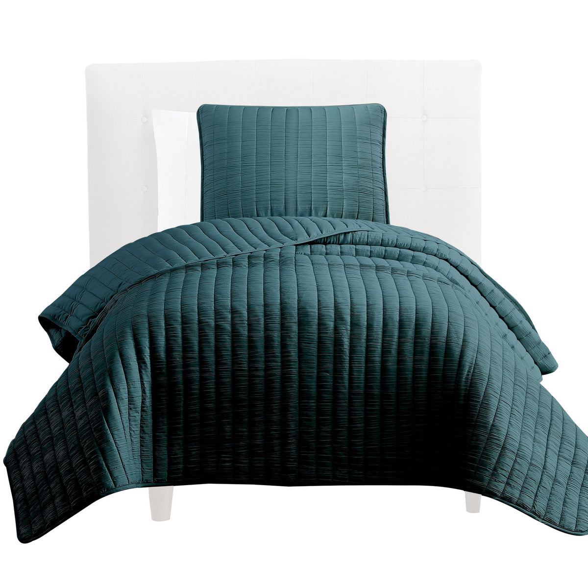 Elia Twin Contemporary Quilt Coverlet Set with Crinkle Texture, Teal Green  - BM304700