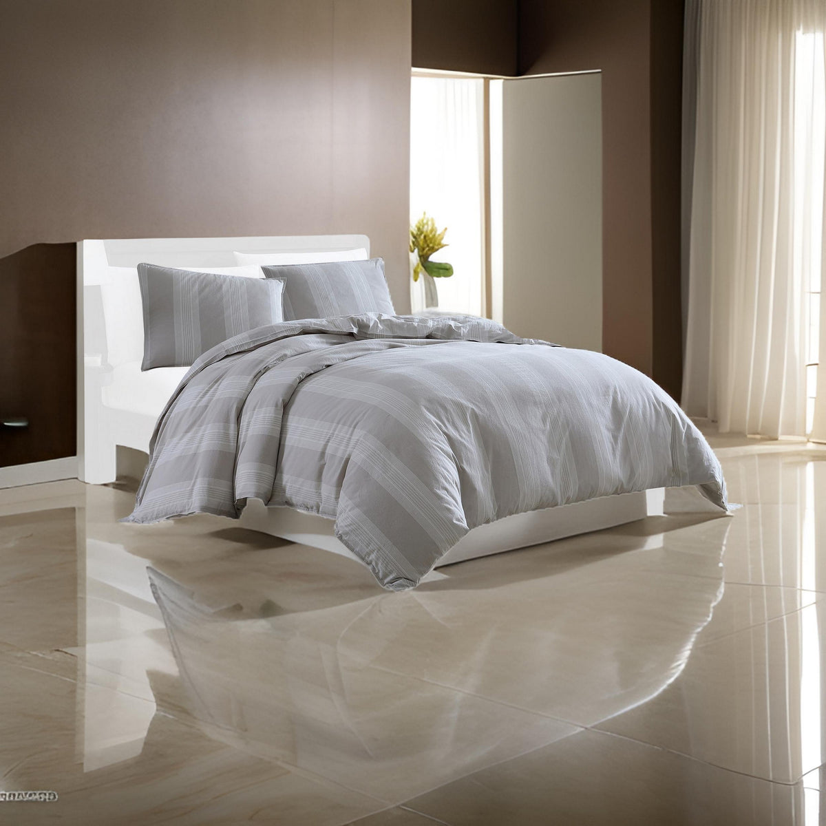 Kia 2 Piece Twin Comforter Set, Yarn Dyed Cotton, Beige Vertical Stripes  - BM304701