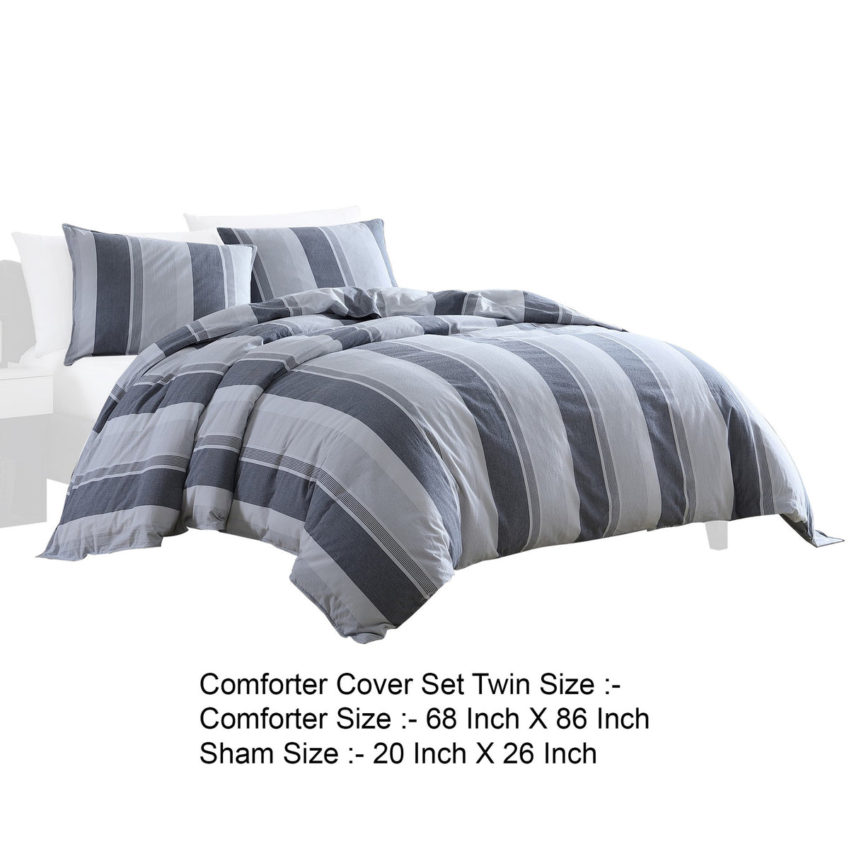 Kia 2 Piece Twin Comforter Set, Yarn Dyed Cotton, Gray Vertical Stripes  - BM304702