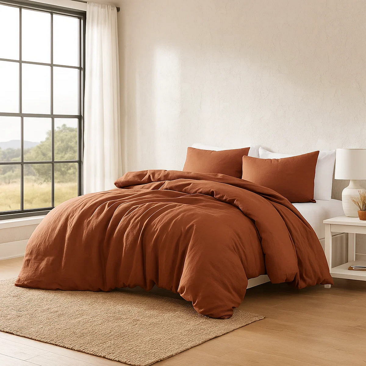 Edge 4 Piece Queen Size Duvet Comforter Set, Washed Linen, Rust Orange  - BM304720