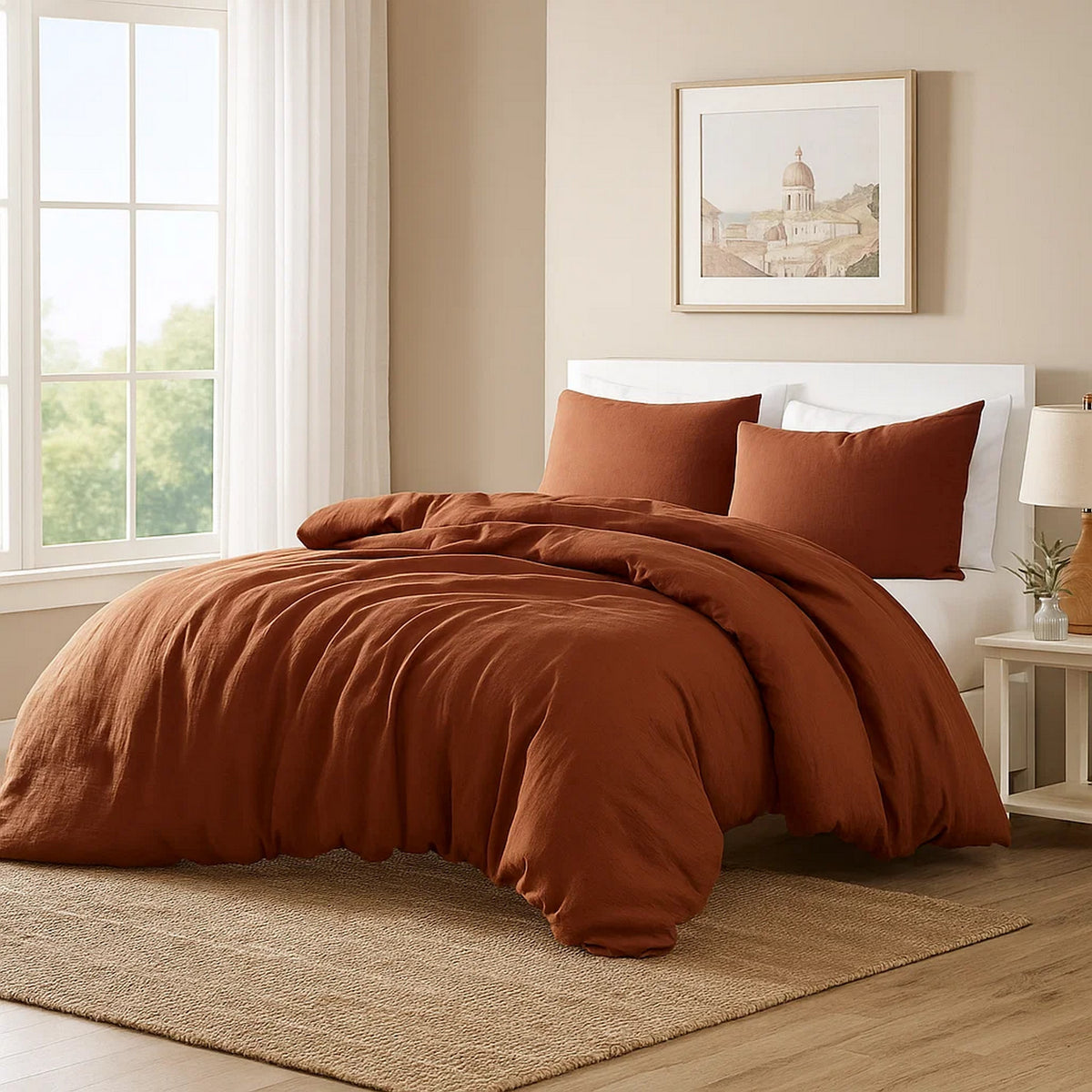 Edge 4 Piece Queen Size Duvet Comforter Set, Washed Linen, Rust Orange  - BM304720