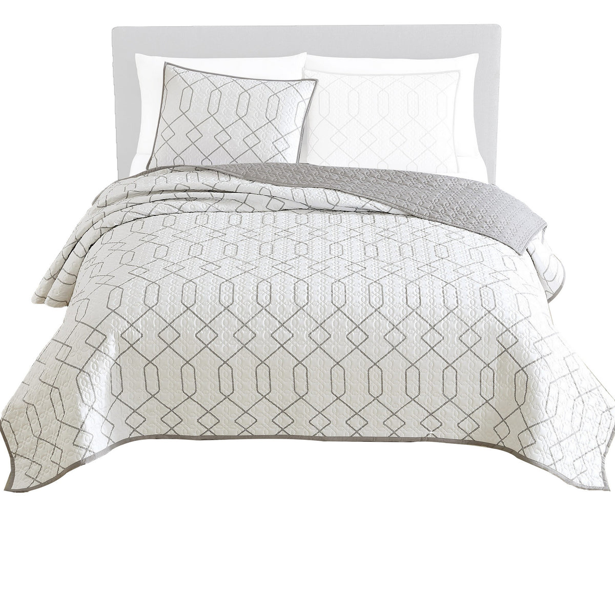 Jim 2 Piece Twin Size Reversible Coverlet Set, Geometric White and Gray  - BM304759