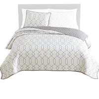 Jim 2 Piece Twin Size Reversible Coverlet Set, Geometric White and Gray  - BM304759