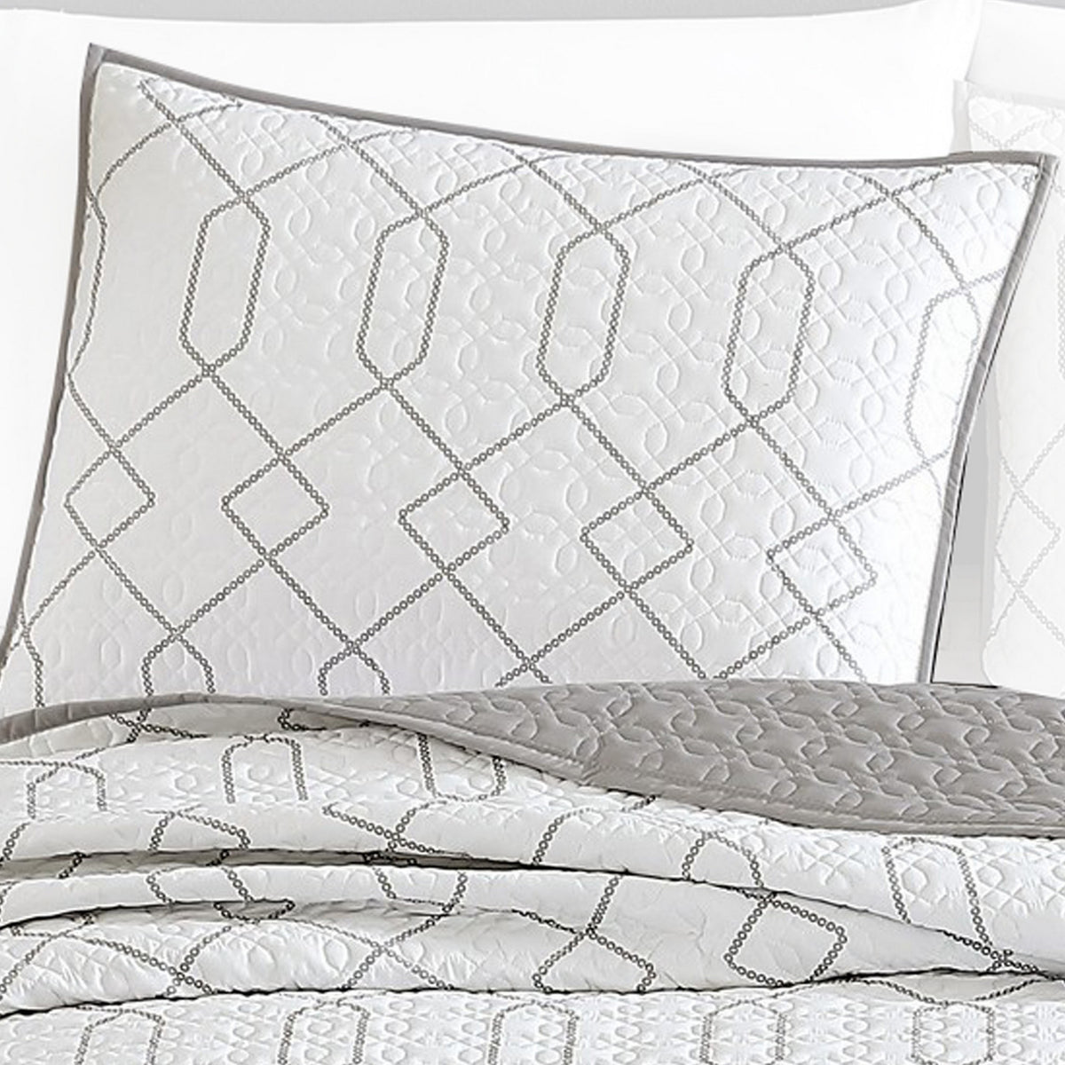 Jim 2 Piece Twin Size Reversible Coverlet Set, Geometric White and Gray  - BM304759