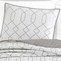 Jim 2 Piece Twin Size Reversible Coverlet Set, Geometric White and Gray  - BM304759