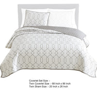 Jim 2 Piece Twin Size Reversible Coverlet Set, Geometric White and Gray  - BM304759