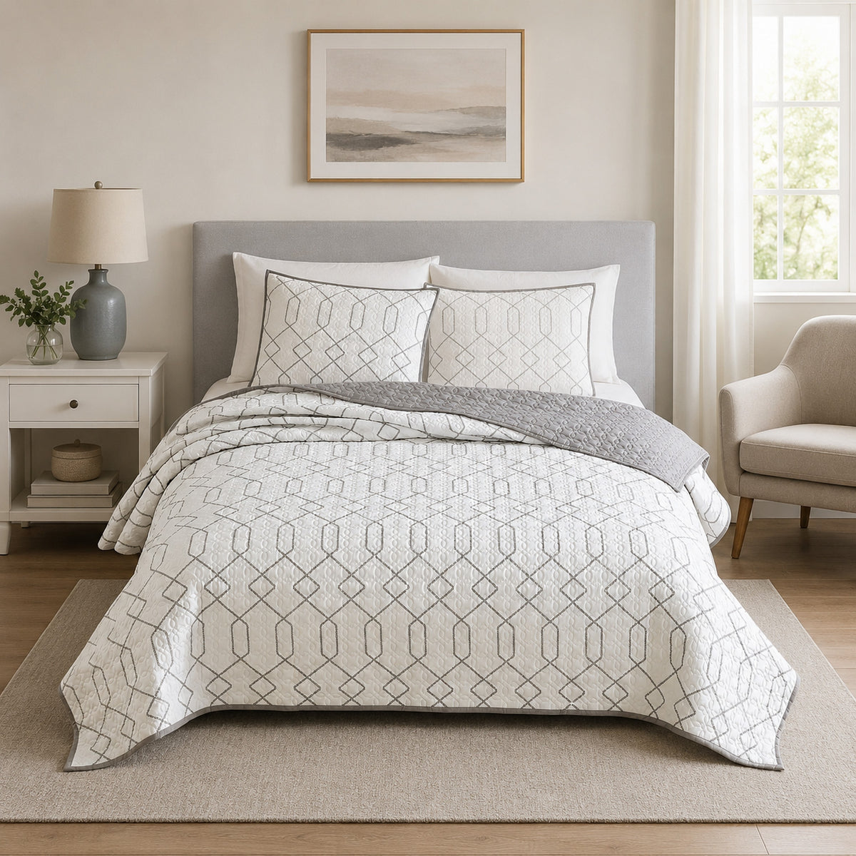 Jim 2 Piece Twin Size Reversible Coverlet Set, Geometric White and Gray  - BM304759