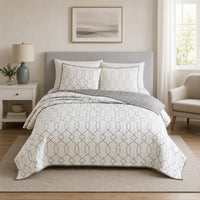 Jim 2 Piece Twin Size Reversible Coverlet Set, Geometric White and Gray  - BM304759