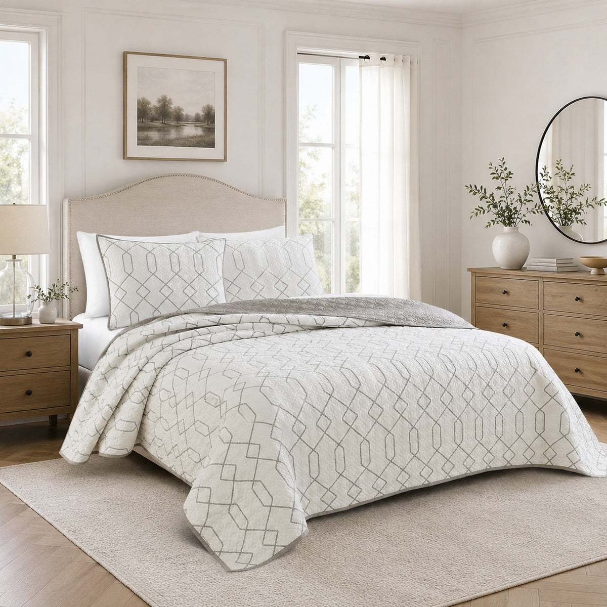 Jim 2 Piece Twin Size Reversible Coverlet Set, Geometric White and Gray  - BM304759