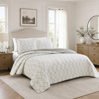 Jim 2 Piece Twin Size Reversible Coverlet Set, Geometric White and Gray  - BM304759