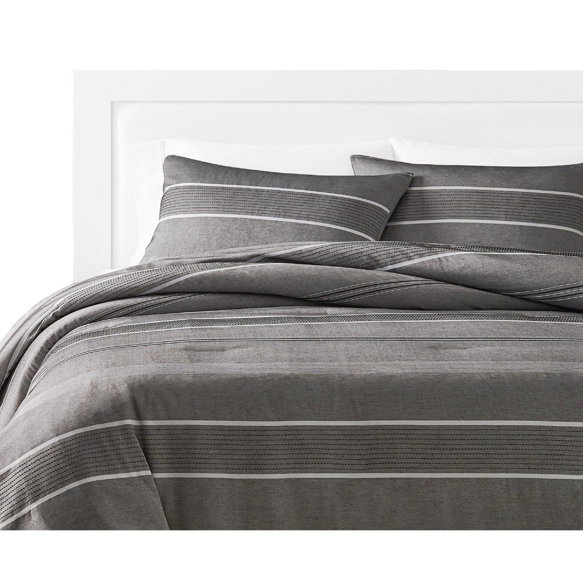 Arlo 3 Piece Queen Size Comforter Set, Striped Woven Jacquard, Soft Gray  - BM304764