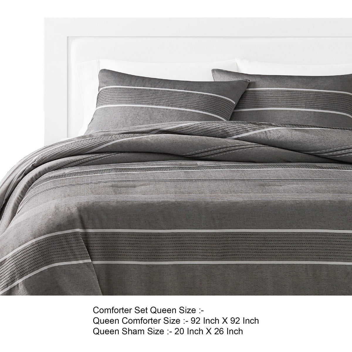 Arlo 3 Piece Queen Size Comforter Set, Striped Woven Jacquard, Soft Gray  - BM304764