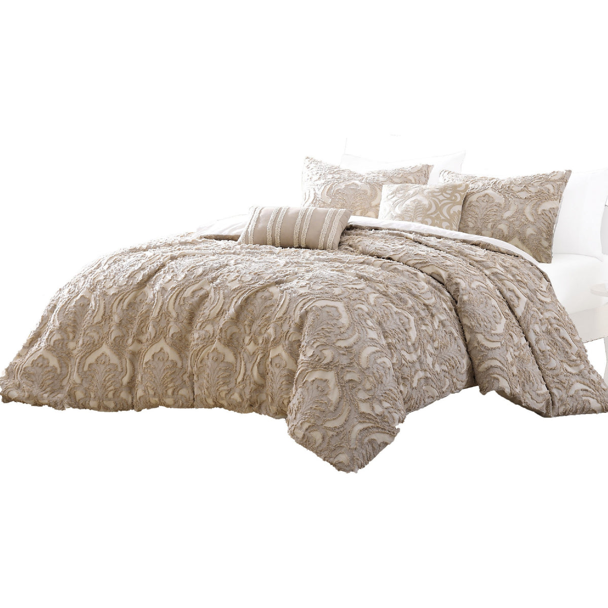 Kile Modern 6 Piece Queen Size Duvet Comforter Set, Beige Medallion Pattern  - BM304770