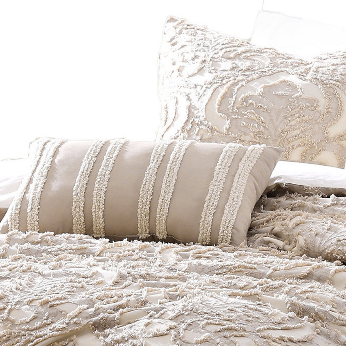 Kile Modern 6 Piece Queen Size Duvet Comforter Set, Beige Medallion Pattern  - BM304770