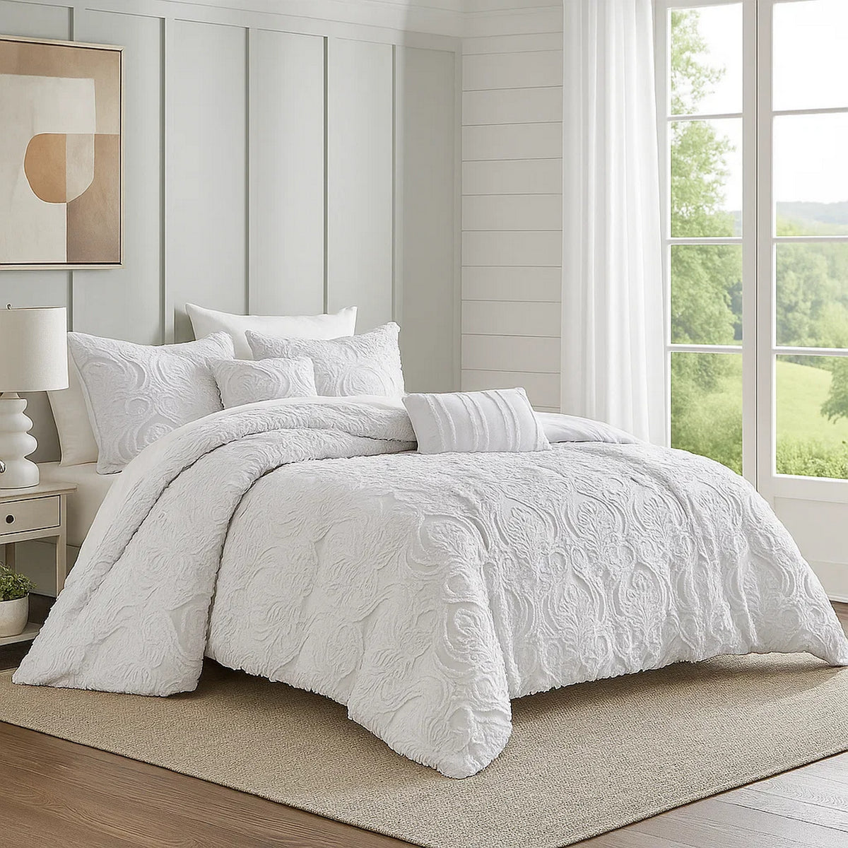Kile Modern 6 Piece King Size Duvet Comforter Set, White Medallion Pattern  - BM304771