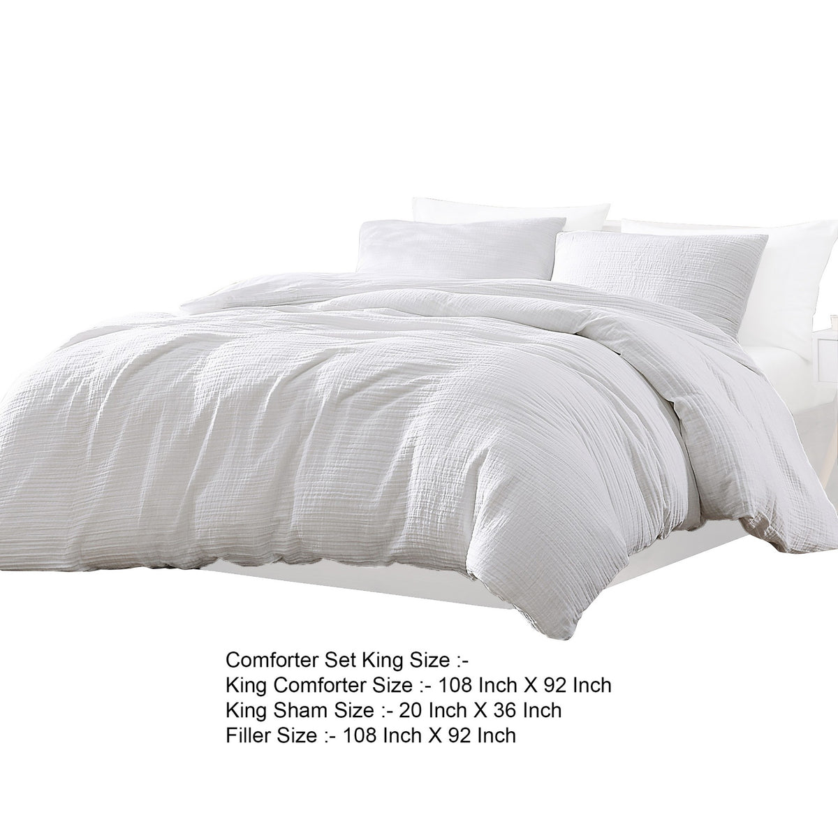 Uvi 3 Piece King Comforter Set, Cotton, Natural Crinkled Texture, White  - BM304777