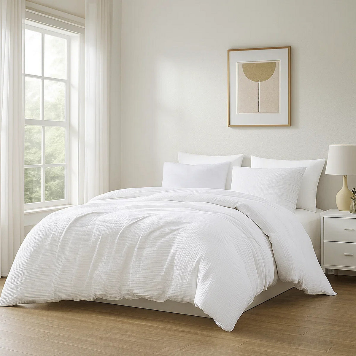 Uvi 3 Piece King Comforter Set, Cotton, Natural Crinkled Texture, White  - BM304777