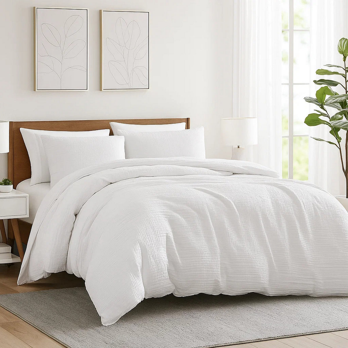 Uvi 3 Piece King Comforter Set, Cotton, Natural Crinkled Texture, White  - BM304777