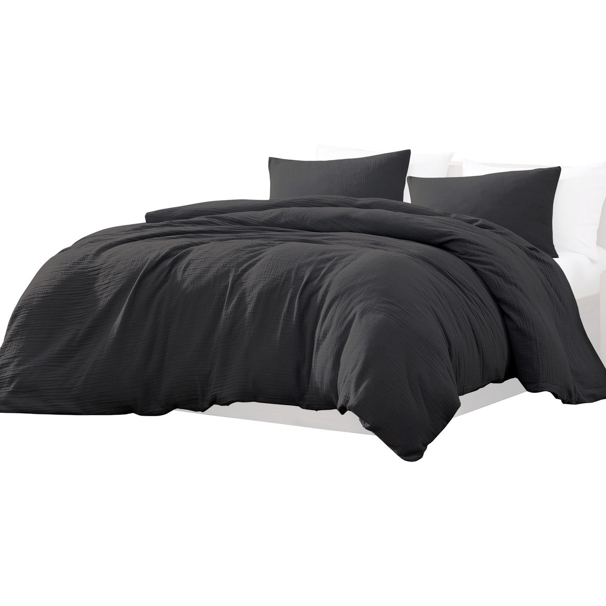 Uvi 3 Piece Queen Comforter Set, Cotton, Natural Crinkled Texture, Black  - BM304780