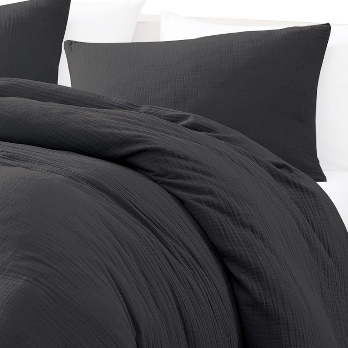Uvi 3 Piece Queen Comforter Set, Cotton, Natural Crinkled Texture, Black  - BM304780