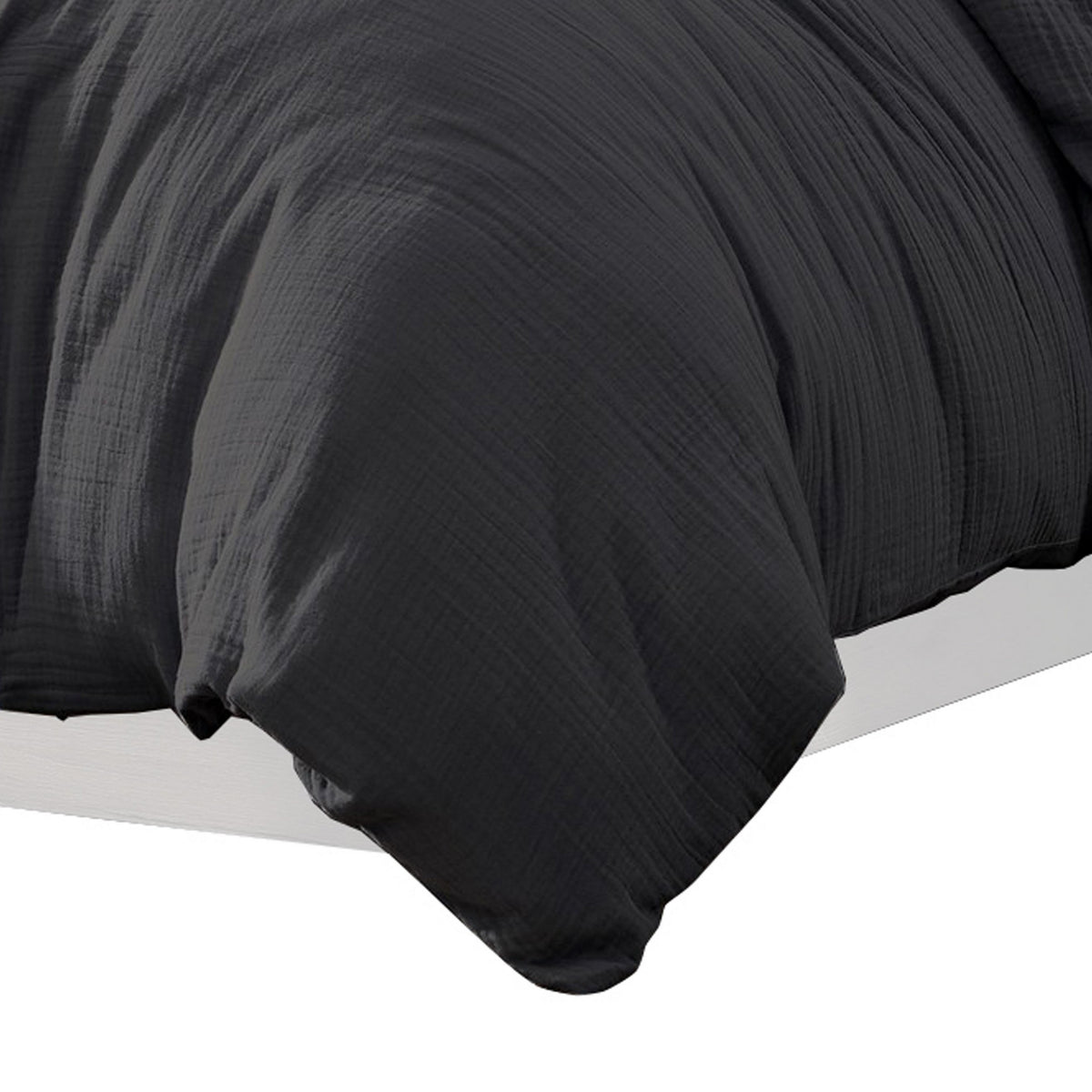 Uvi 3 Piece Queen Comforter Set, Cotton, Natural Crinkled Texture, Black  - BM304780