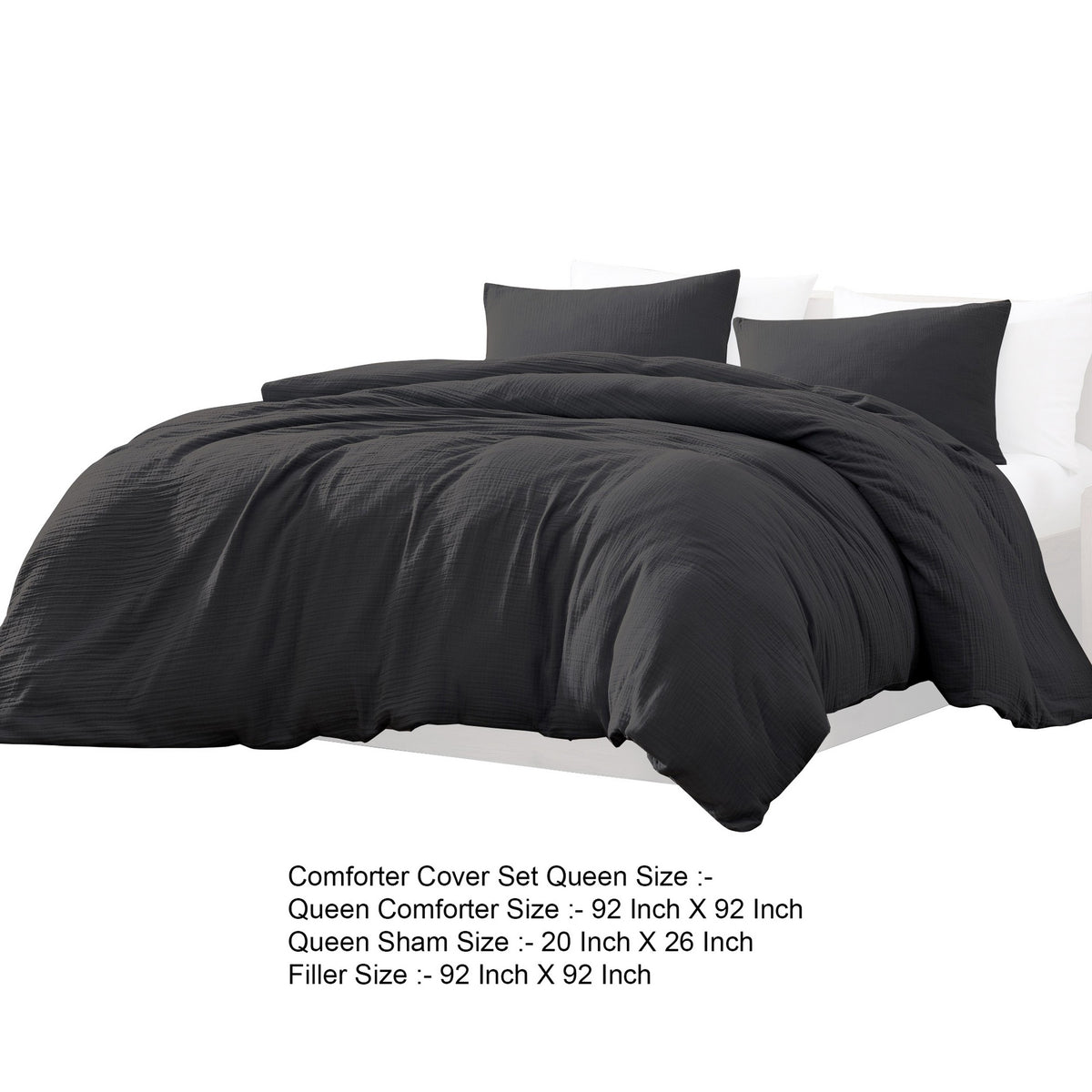 Uvi 3 Piece Queen Comforter Set, Cotton, Natural Crinkled Texture, Black  - BM304780