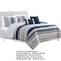 Alfa 5 Piece King Comforter Set, Jacquard Woven Stripes, Blue, White