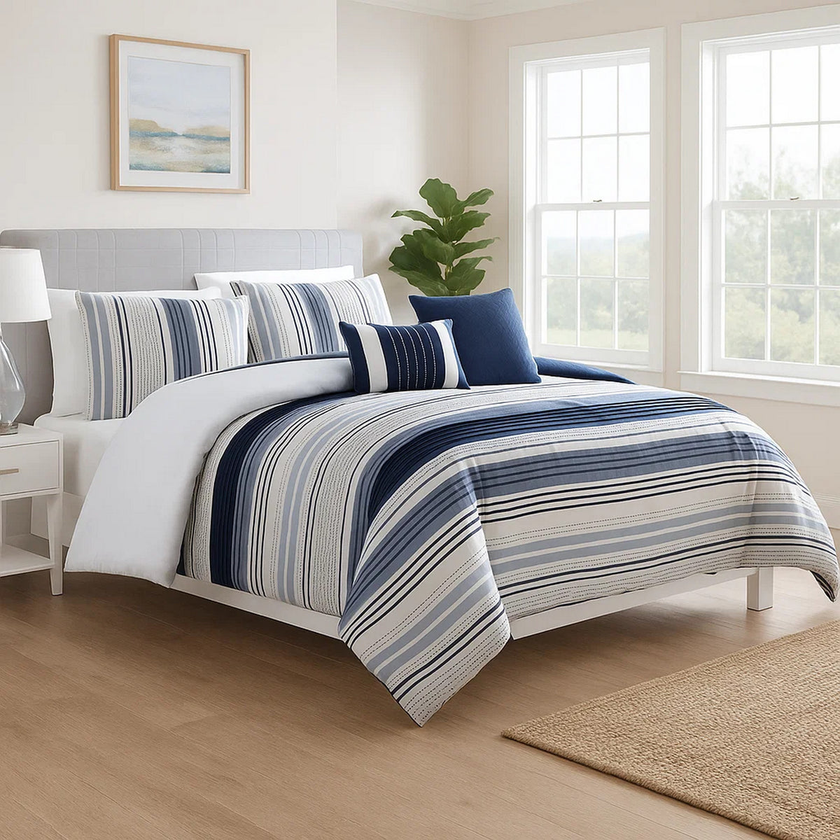 Alfa 5 Piece King Comforter Set, Jacquard Woven Stripes, Blue, White
