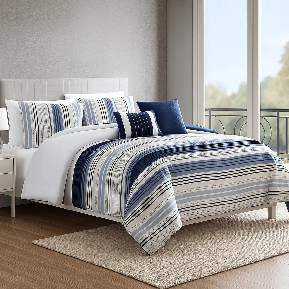 Alfa 5 Piece King Comforter Set, Jacquard Woven Stripes, Blue, White