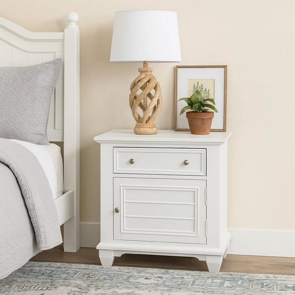 Jims 28 Inch Nightstand, Single Door and Drawer, Cup Handles, White Wood - BM304791