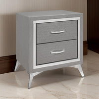 Haya 24 Inch 2 Drawer Nightstand, Embossed Smooth Gray Wood, Silver Trim - BM304795