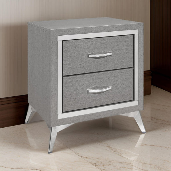 Haya 24 Inch 2 Drawer Nightstand, Embossed Smooth Gray Wood, Silver Trim - BM304795