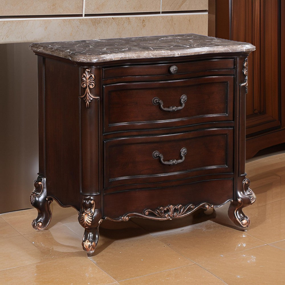 Leon 32 Inch 2 Drawer Nightstand, Carved Details, Marble Surface, Brown - BM304796