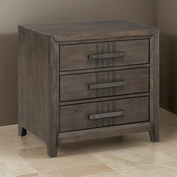 27 Inch Rustic Nightstand, 2 Drawers, Gray Metal Handles, Rich Brown Wood - BM304797