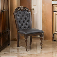 Mitch 21 Inch Tufted Set of 2 Dining Chairs, Carved Details, Faux Leather Seat, Brown - BM304821