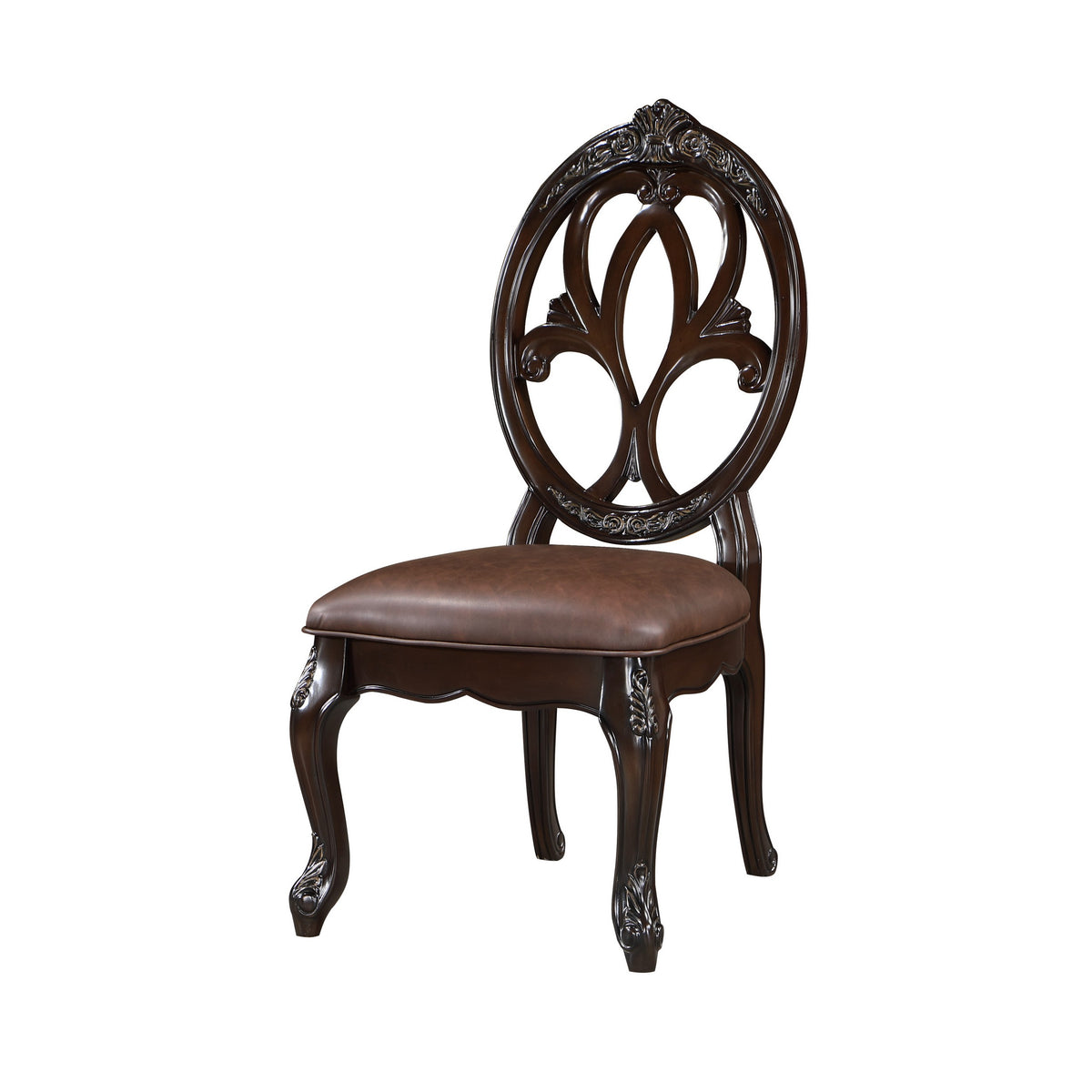 Cran 21 Inch Dining Side Chair, Carved Details, Faux Leather Seat, Brown - BM304831