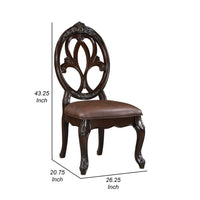 Cran 21 Inch Dining Side Chair, Carved Details, Faux Leather Seat, Brown - BM304831