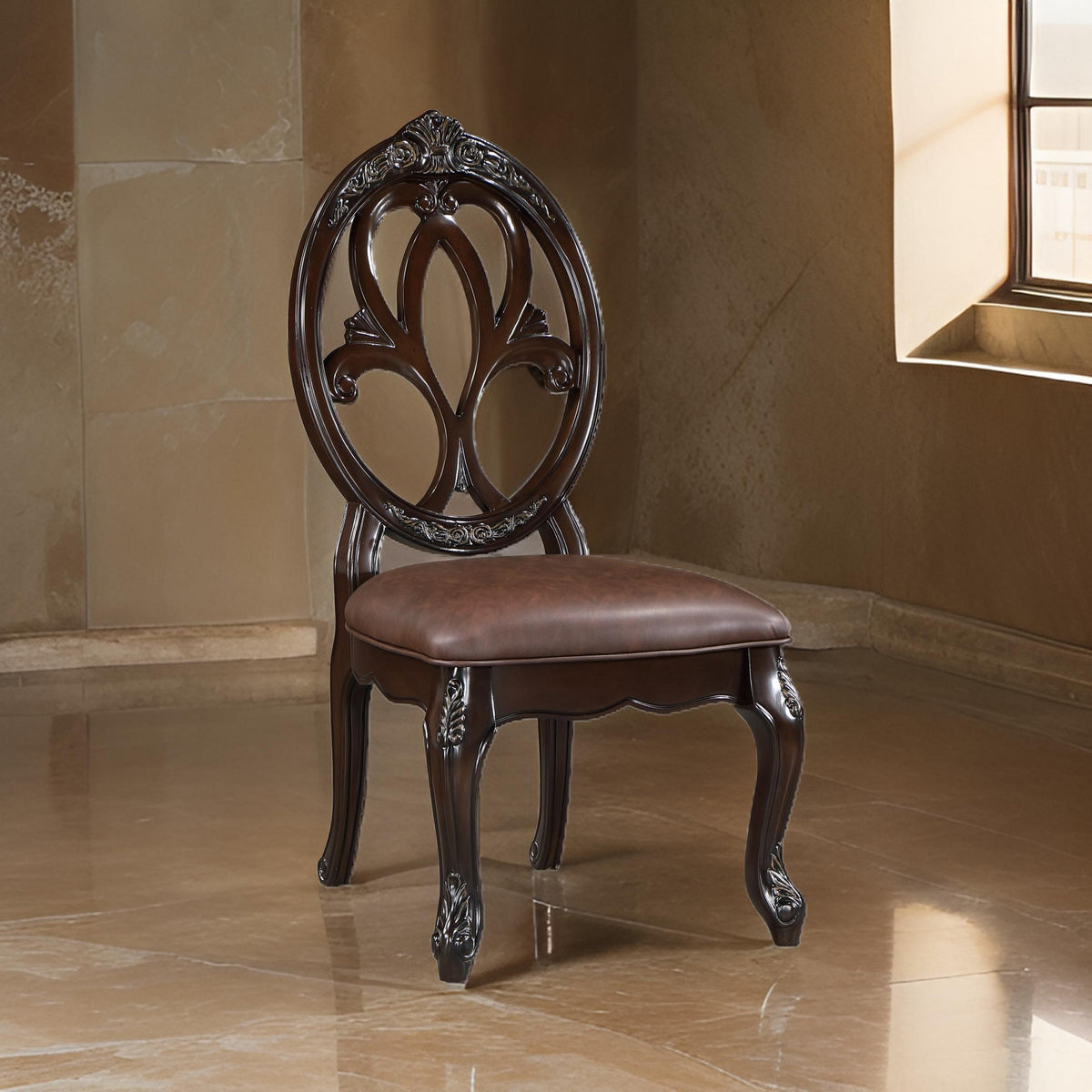 Cran 21 Inch Dining Side Chair, Carved Details, Faux Leather Seat, Brown - BM304831