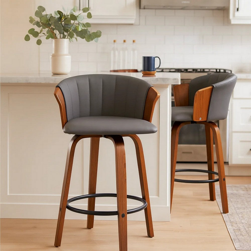 Oja 26 Inch Swivel Counter Stool Chair, Gray Faux Leather, Walnut Brown - BM304898