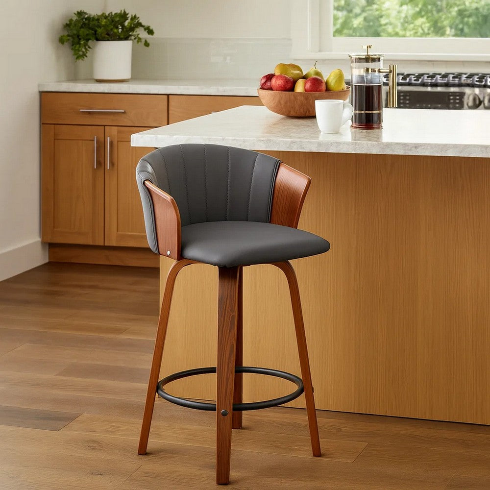 Oja 26 Inch Swivel Counter Stool Chair, Gray Faux Leather, Walnut Brown - BM304898