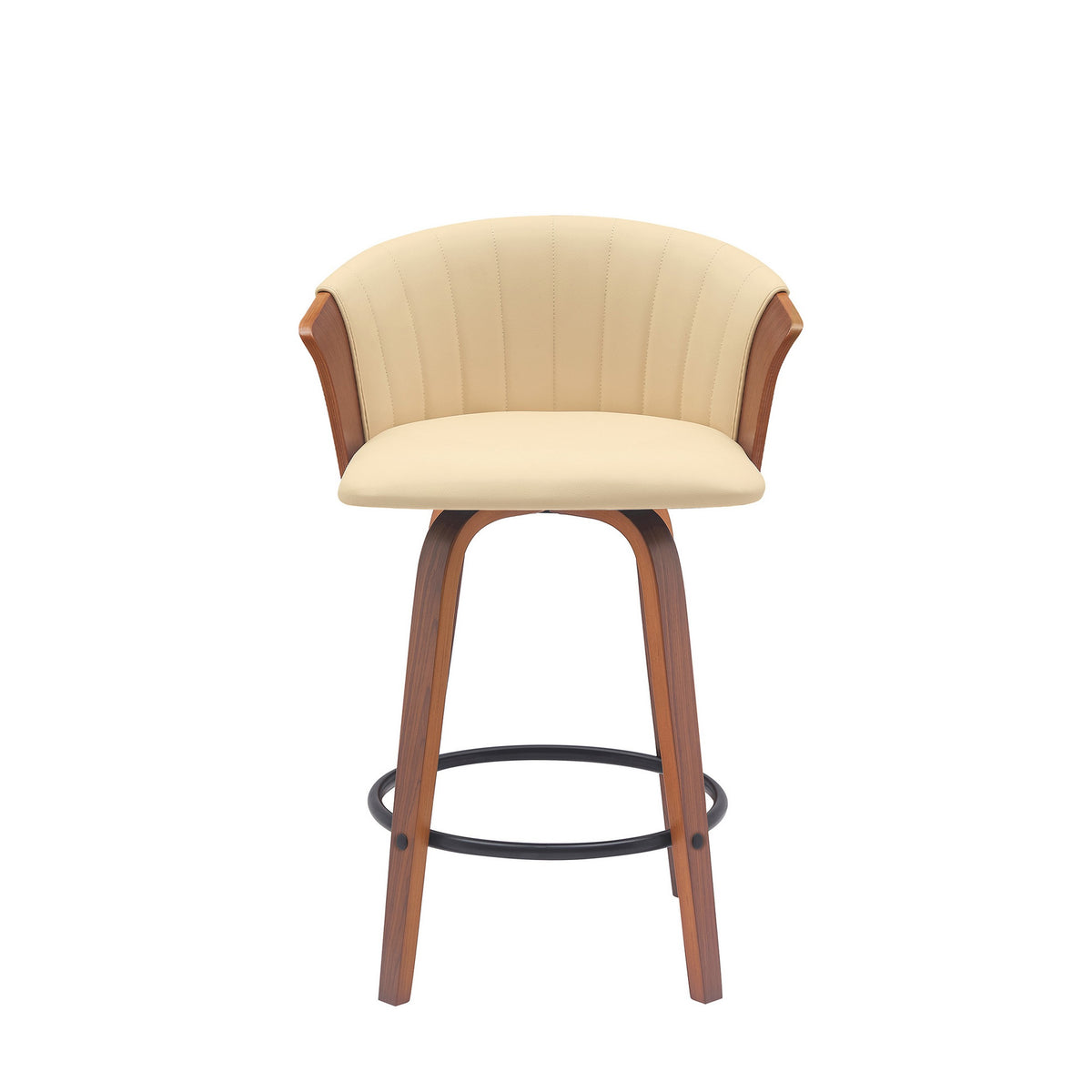 Oja 26 Inch Swivel Counter Stool Chair, Cream Vegan Leather, Walnut Brown - BM304899