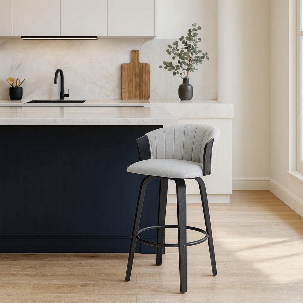 Oja 26 Inch Swivel Counter Stool Chair, Light Gray Fabric, Curved, Black - BM304902