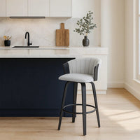 Oja 26 Inch Swivel Counter Stool Chair, Light Gray Fabric, Curved, Black - BM304902