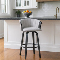 Oja 26 Inch Swivel Counter Stool Chair, Light Gray Fabric, Curved, Black - BM304902