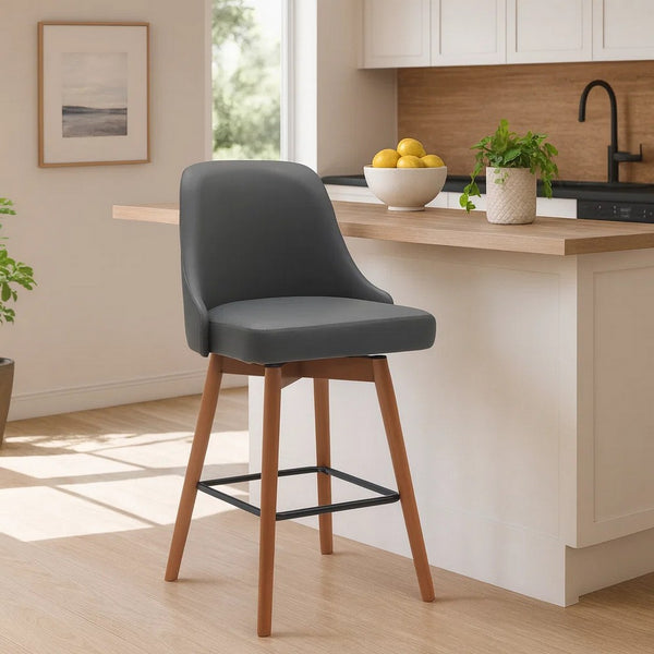 Sean 26 Inch Counter Stool Chair, Swivel, Parson, Gray Faux Leather, Brown - BM304915