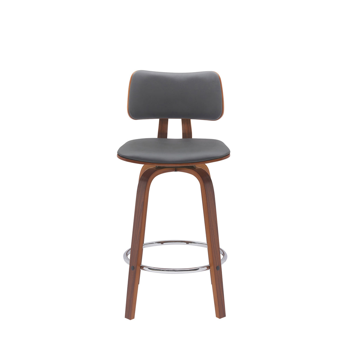 Pino 26 Inch Swivel Counter Stool Chair, Gray Faux Leather, Walnut Brown - BM304920