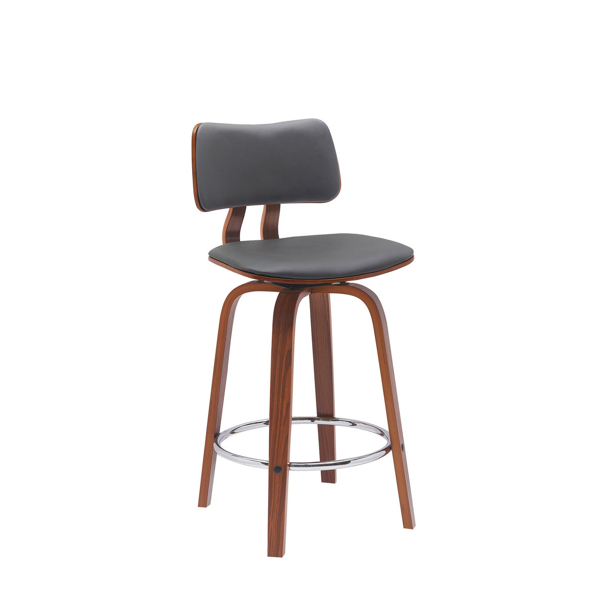 Pino 26 Inch Swivel Counter Stool Chair, Gray Faux Leather, Walnut Brown - BM304920