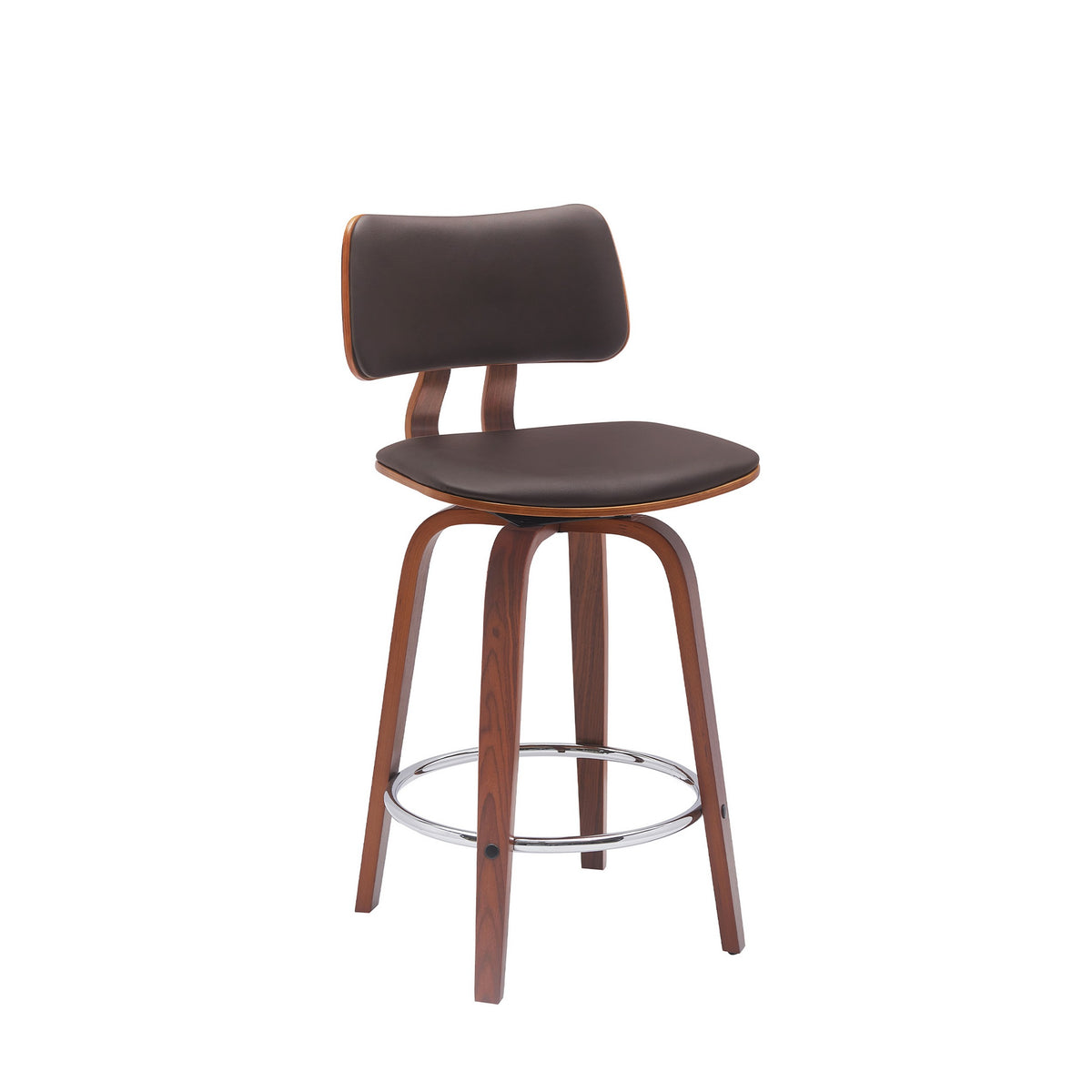 Pino 26 Inch Swivel Counter Stool Chair, Faux Leather, Walnut Brown Wood - BM304922