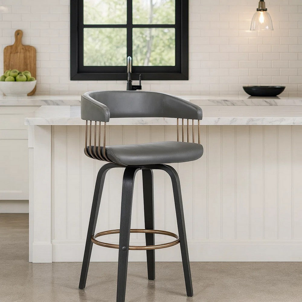 Maya 26 Inch Swivel Counter Chair, Gray Faux Leather, Bronze, Black Wood - BM304962