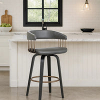 Maya 26 Inch Swivel Counter Chair, Gray Faux Leather, Bronze, Black Wood - BM304962